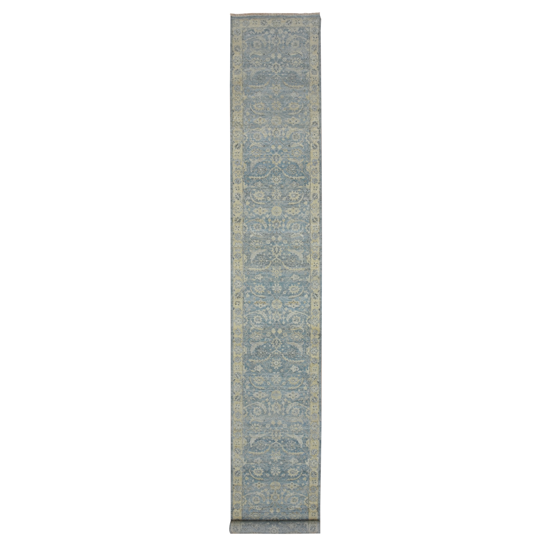 2'5"x17'10" Sky Blue, Hand Knotted, Sickle Leaf Design, Pure Wool, Zero Pile, Cropped Thin and Antique Finish, Vegetable Dyes, Long and Narrow Runner, Oriental Rug 